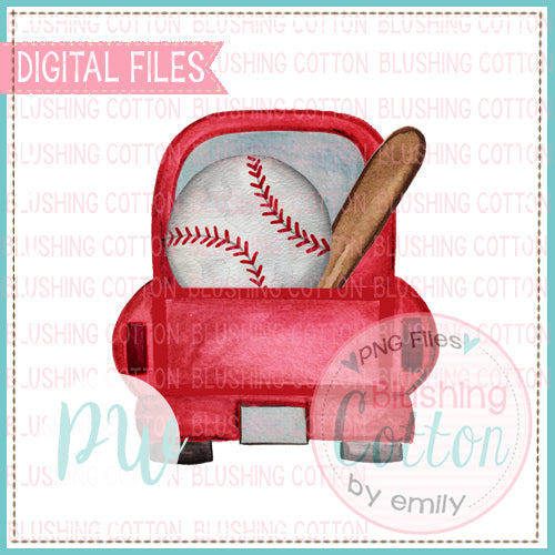 TRUCK BACK RED WITH BASEBALL AND BAT WATERCOLOR DESIGN BCPW