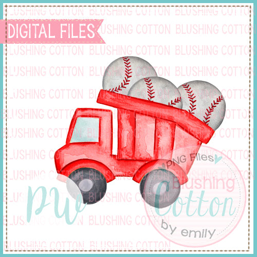 DUMP TRUCK RED WITH BASEBALLS WATERCOLOR DESIGN BCPW