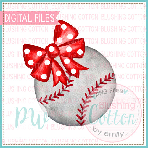 BASEBALL WITH RED POLKA DOT BOW WATERCOLOR DESIGN BCPW