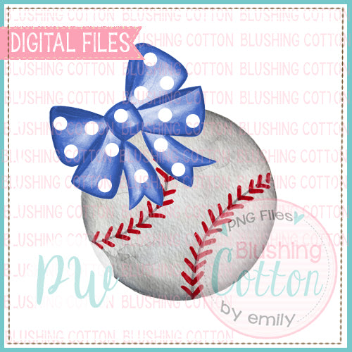 BASEBALL WITH BLUE POLKA DOT BOW WATERCOLOR DESIGN BCPW