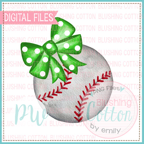 BASEBALL WITH GREEN POLKA DOT BOW WATERCOLOR DESIGN BCPW