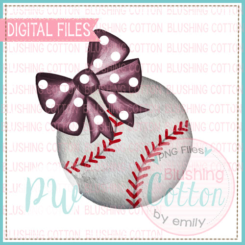 BASEBALL WITH MAROON POLKA DOT BOW WATERCOLOR DESIGN BCPW