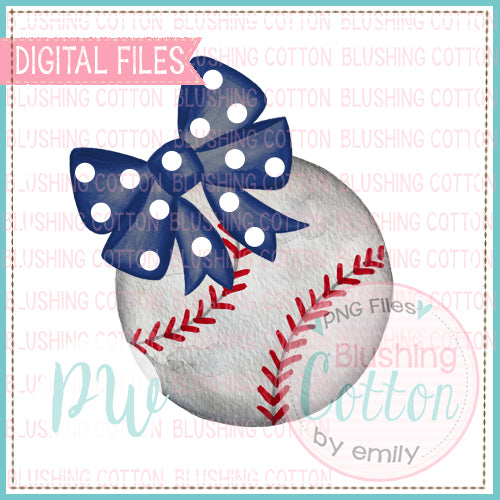 BASEBALL WITH NAVY POLKA DOT BOW WATERCOLOR DESIGN BCPW