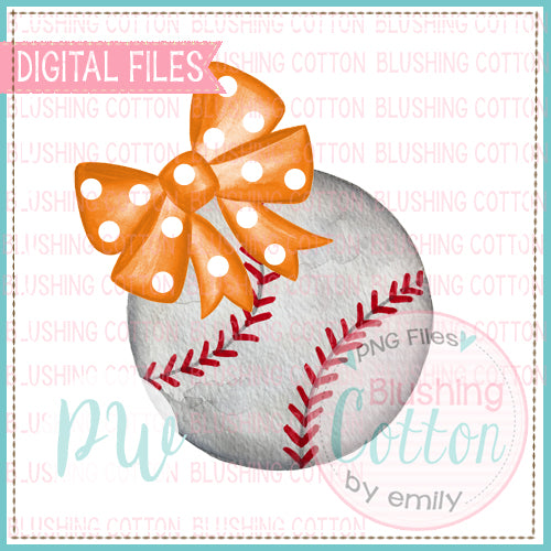 BASEBALL WITH ORANGE POLKA DOT BOW WATERCOLOR DESIGN BCPW