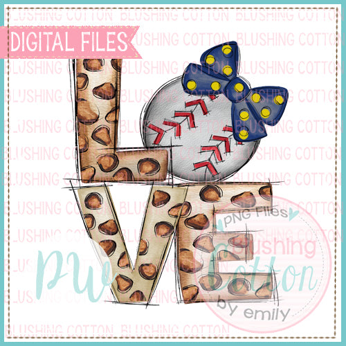 LOVE LEOPARD PRINT WITH BASEBALL WITH NAVY AND GOLD BOW WATERCOLOR DESIGN BCPW
