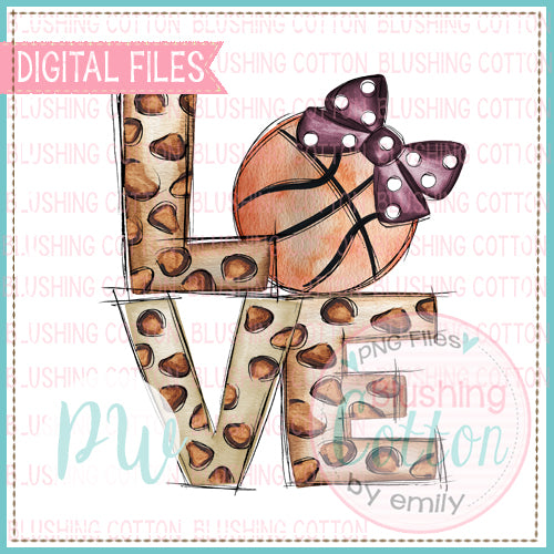 LOVE LEOPARD PRINT WITH BASKETBALL WITH MAROON BOW WATERCOLOR DESIGN BCPW