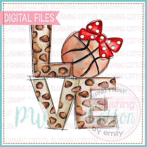 LOVE LEOPARD PRINT WITH BASKETBALL WITH RED BOW WATERCOLOR DESIGN BCPW