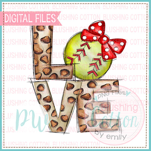 LOVE LEOPARD WITH SOFTBALL WITH RED BOW WATERCOLOR DESIGN BCPW