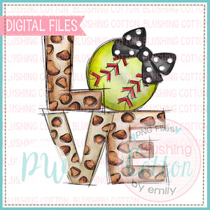 LOVE LEOPARD PRINT WITH SOFTBALL WITH BLACK POLKA DOT BOW WATERCOLOR DESIGN BCPW