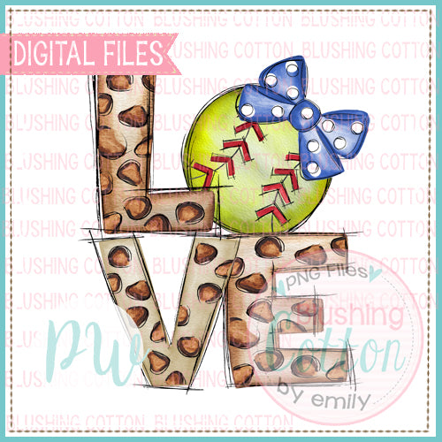 LOVE LEOPARD WITH SOFTBALL WITH BLUE BOW WATERCOLOR DESIGN BCPW