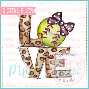 LOVE LEOPARD WITH SOFTBALL WITH MAROON BOW WATERCOLOR DESIGN BCPW