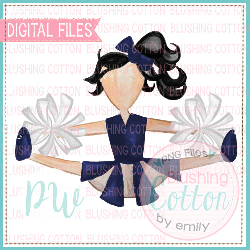 CHEERLEADER NAVY AND WHITE BLACK HAIR WATERCOLOR DESIGN BCPW