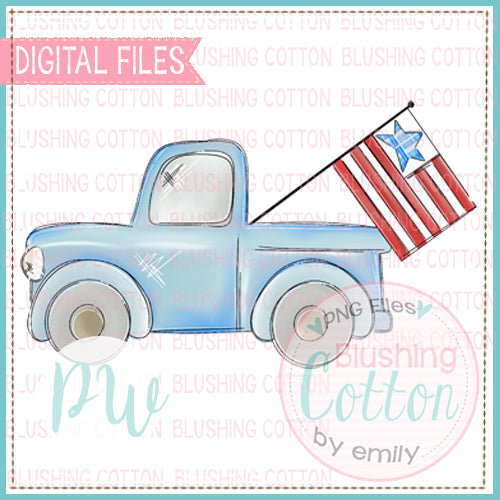 OLD BLUE TRUCK WITH AMERICAN FLAG WATERCOLOR DESIGN BCPW