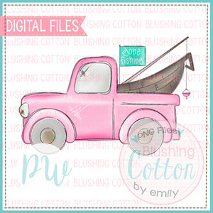 GONE FISHING OLD PINK TRUCK WATERCOLOR DESIGN  BCPW