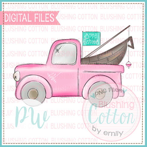 GONE FISHING OLD PINK TRUCK WATERCOLOR DESIGN  BCPW