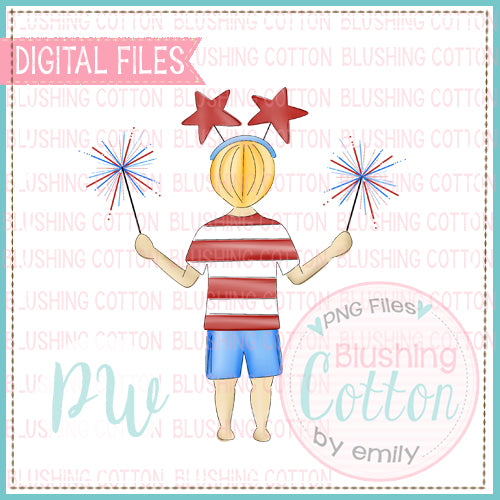 PATRIOTIC SPARKLER BOY BLONDE HAIR WATERCOLOR DESIGN  BCPW