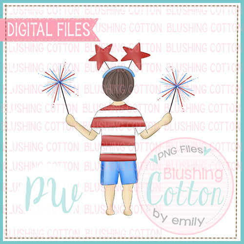 PATRIOTIC SPARKLER BOY BROWN HAIR WATERCOLOR DESIGN  BCPW