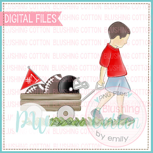 BOY PULLING FOOTBALL WAGON BLACK AND RED WITH BRUNETTE HAIR BCPW