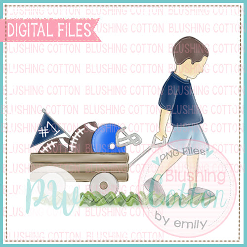 BOY PULLING FOOTBALL WAGON NAVY AND BLUE WITH BRUNETTE HAIR BCPW