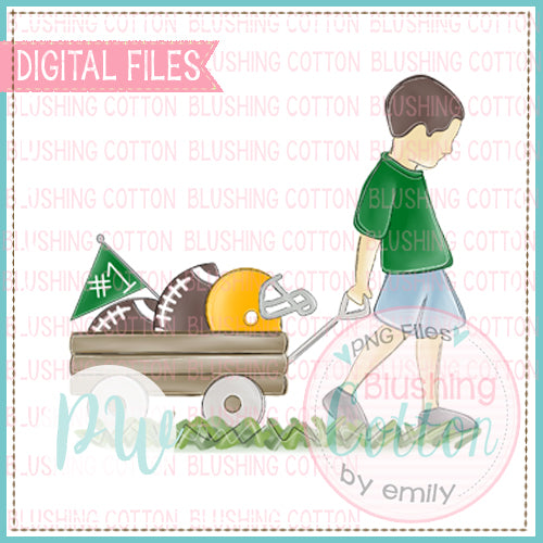 BOY PULLING FOOTBALL WAGON GREEN AND GOLD WITH BRUNETTE HAIR BCPW