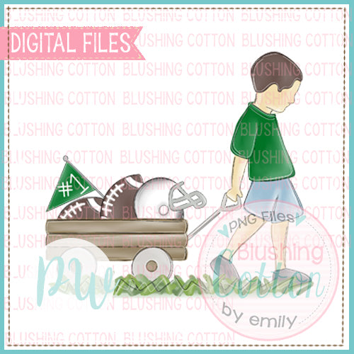 BOY PULLING FOOTBALL WAGON GREEN AND WHITE WITH BRUNETTE HAIR BCPW