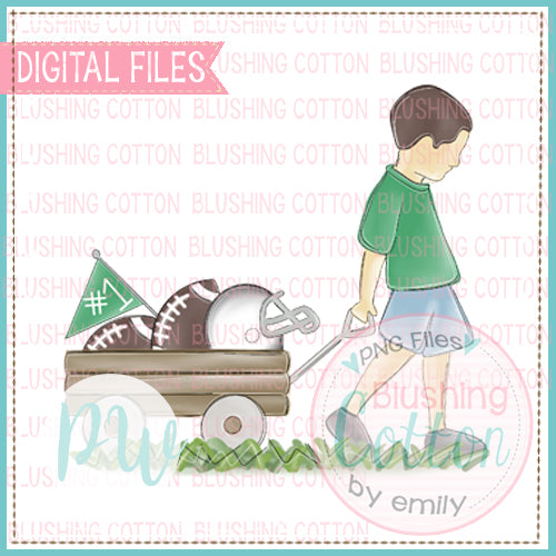 BOY PULLING FOOTBALL WAGON KELLY GREEN AND WHITE WITH BRUNETTE HAIR BCPW