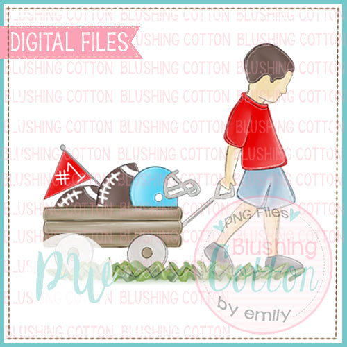 BOY PULLING FOOTBALL WAGON LIGHT BLUE AND RED WITH BRUNETTE HAIR BCPW