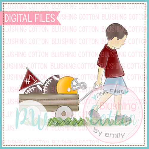 BOY PULLING FOOTBALL WAGON MAROON AND GOLD WITH BRUNETTE HAIR BCPW