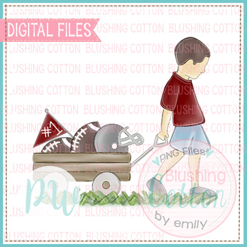 BOY PULLING FOOTBALL WAGON MAROON AND GREY WITH BRUNETTE HAIR BCPW