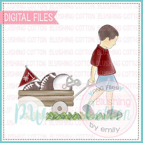 BOY PULLING FOOTBALL WAGON MAROON AND WHITE WITH BRUNETTE HAIR BCPW