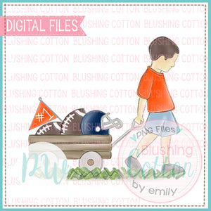 BOY PULLING FOOTBALL WAGON ORANGE AND NAVY WITH BRUNETTE HAIR BCPW