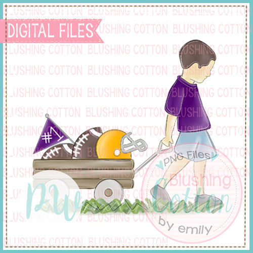 BOY PULLING FOOTBALL WAGON PURPLE AND GOLD WITH BRUNETTE HAIR BCPW