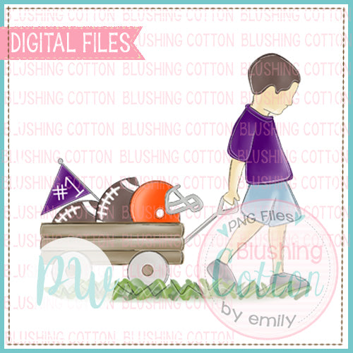 BOY PULLING FOOTBALL WAGON PURPLE AND ORANGE WITH BRUNETTE HAIR BCPW