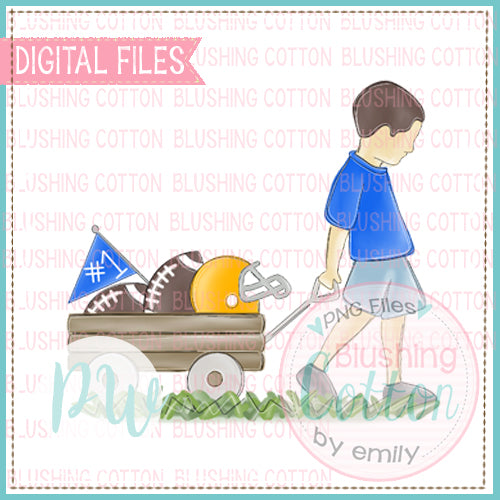 BOY PULLING FOOTBALL WAGON ROYAL BLUE AND GOLD WITH BRUNETTE HAIR BCPW
