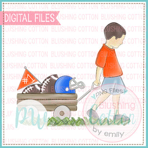 BOY PULLING FOOTBALL WAGON ROYAL BLUE AND ORANGE WITH BRUNETTE HAIR BCPW