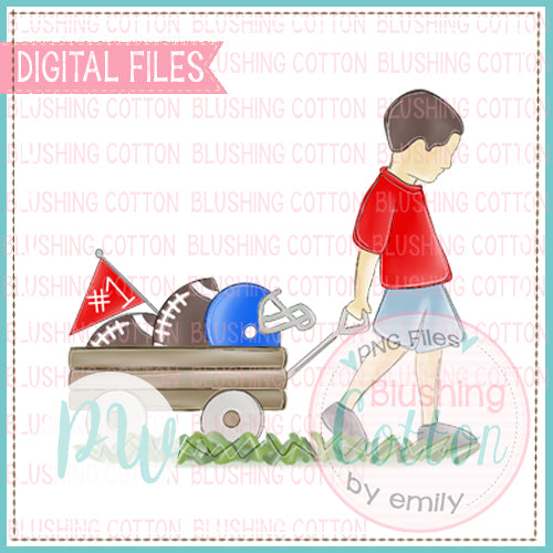 BOY PULLING FOOTBALL WAGON ROYAL BLUE AND RED WITH BRUNETTE HAIR BCPW