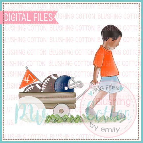 BOY PULLING FOOTBALL WAGON ROYAL DARK SKIN NAVY AND ORANGE BCPW