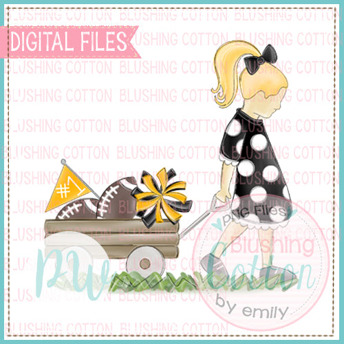 GIRL PULLING WAGON BLONDE HAIR BLACK AND GOLD WATERCOLOR DESIGN BCPW