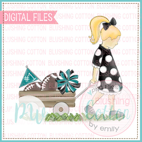 GIRL PULLING WAGON BLONDE HAIR BLACK AND TEAL WATERCOLOR DESIGN BCPW