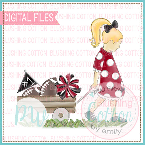 GIRL PULLING WAGON BLONDE HAIR CRIMSON RED AND BLACK WATERCOLOR DESIGN BCPW