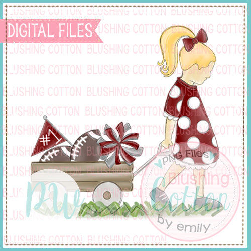 GIRL PULLING WAGON BLONDE HAIR MAROON AND GRAY WATERCOLOR DESIGN BCPW