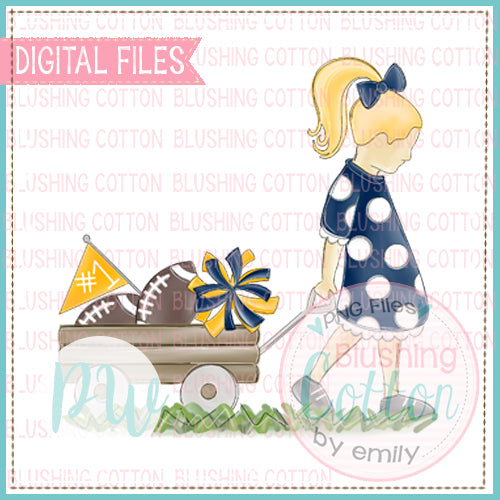 GIRL PULLING WAGON BLONDE HAIR NAVY AND GOLD WATERCOLOR DESIGN BCPW