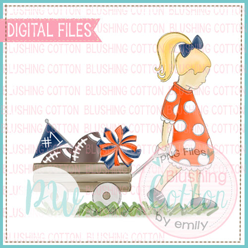 GIRL PULLING WAGON BLONDE HAIR ORANGE AND NAVY WATERCOLOR DESIGN BCPW