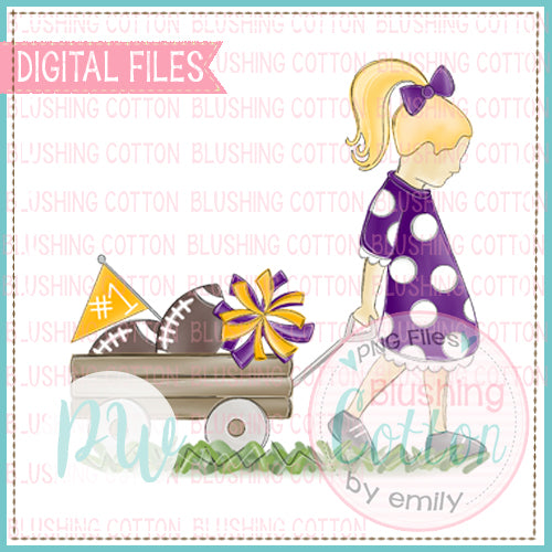 GIRL PULLING WAGON BLONDE HAIR PURPLE AND GOLD WATERCOLOR DESIGN BCPW