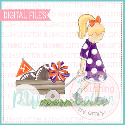 GIRL PULLING WAGON BLONDE HAIR PURPLE AND ORANGE WATERCOLOR DESIGN BCPW