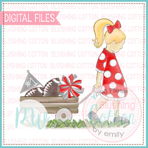 GIRL PULLING WAGON BLONDE HAIR RED AND GRAY WATERCOLOR DESIGN BCPW