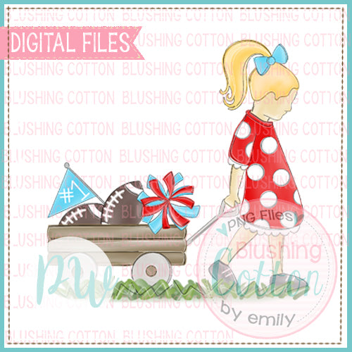 GIRL PULLING WAGON BLONDE HAIR RED AND LIGHT BLUE WATERCOLOR DESIGN BCPW