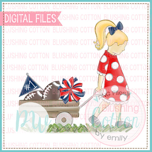 GIRL PULLING WAGON BLONDE HAIR RED AND NAVY WATERCOLOR DESIGN BCPW
