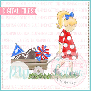 GIRL PULLING WAGON BLONDE HAIR RED AND ROYAL BLUE WATERCOLOR DESIGN BCPW