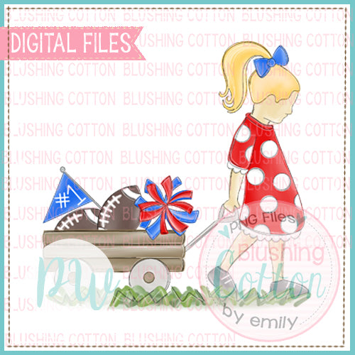 GIRL PULLING WAGON BLONDE HAIR RED AND ROYAL BLUE WATERCOLOR DESIGN BCPW